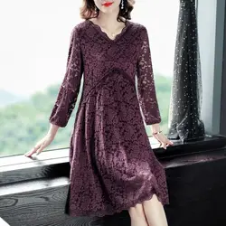 Women's Autumn Winter New Fashion V-neck Solid Color Hollow Lace Temperament Versatile Long Sleeved Slim Fit Mid Length Dress