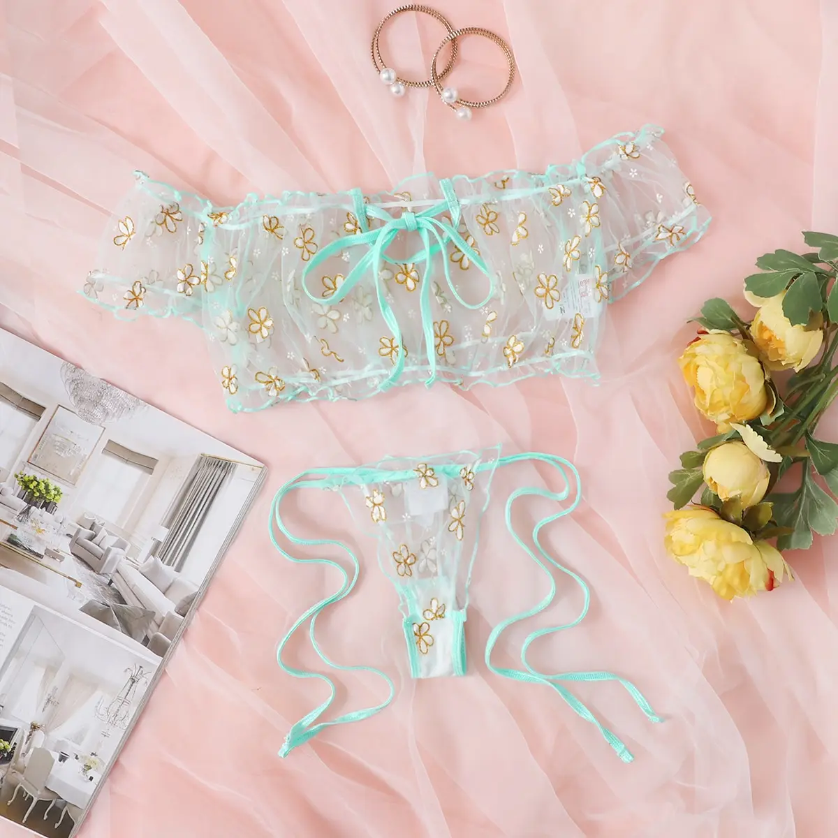 Sexy Transparent Lingerie Women's bra Brief sets Underwear For Women Summer Mesh Floral Lace Underpants Female Panty Intimates