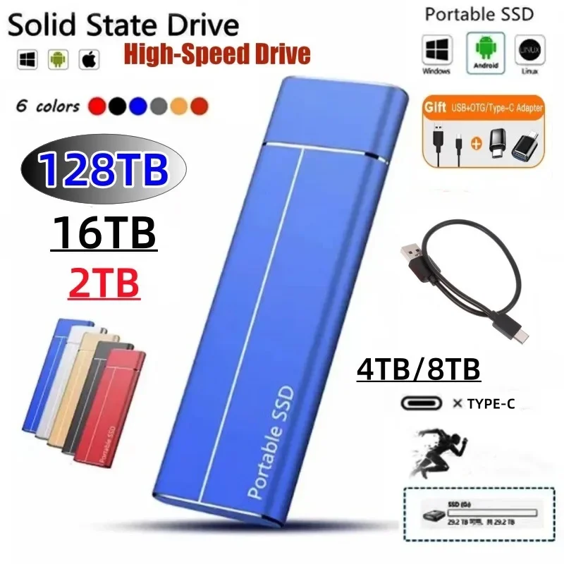 128TB Portable SSD High Speed Transfer 1TB 2TB 4TB 8TB 16TB External Hard Disk USB Type-C Interface Mass Storage Memory Device