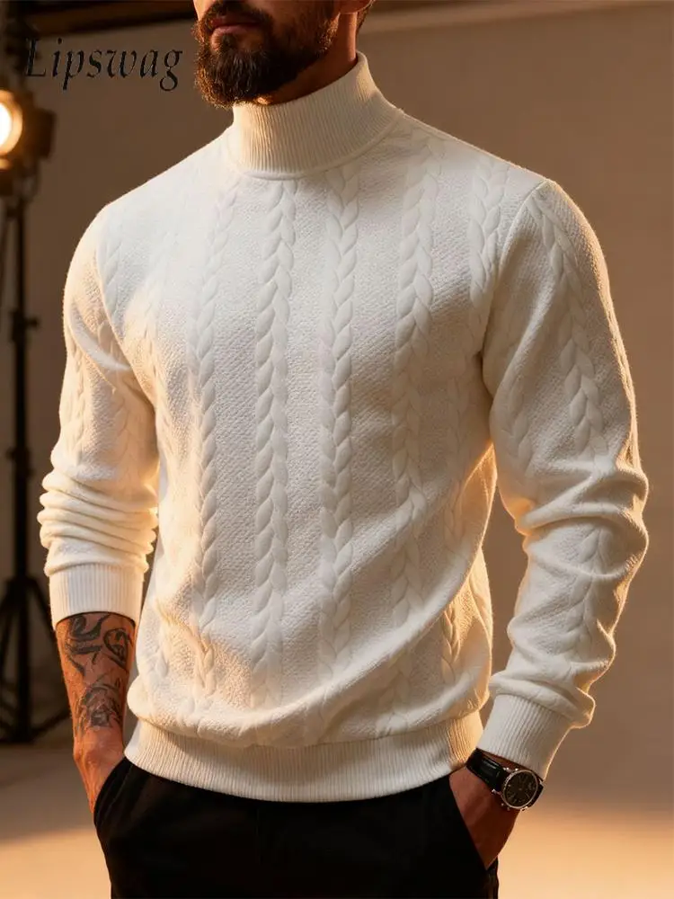 

Модные жаккардовые вязаные свитера, мужские осенне-зимние повседневные тонкие водолазки, вязаный джемпер, топы, мужские винтажные однотонные свитера