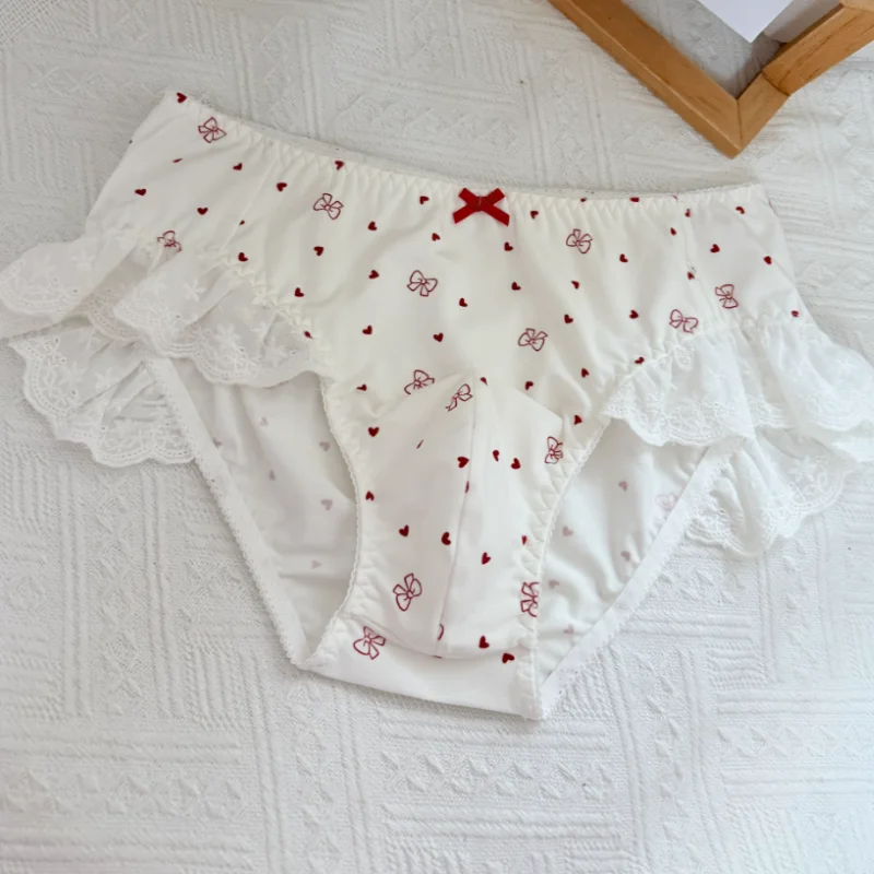 Men's Cotton Briefs Sweet Japanese Style Underwear Sissy Cartoon Print Ruffle Lace Bow Panties Convex Pouch Breathable Lingerie