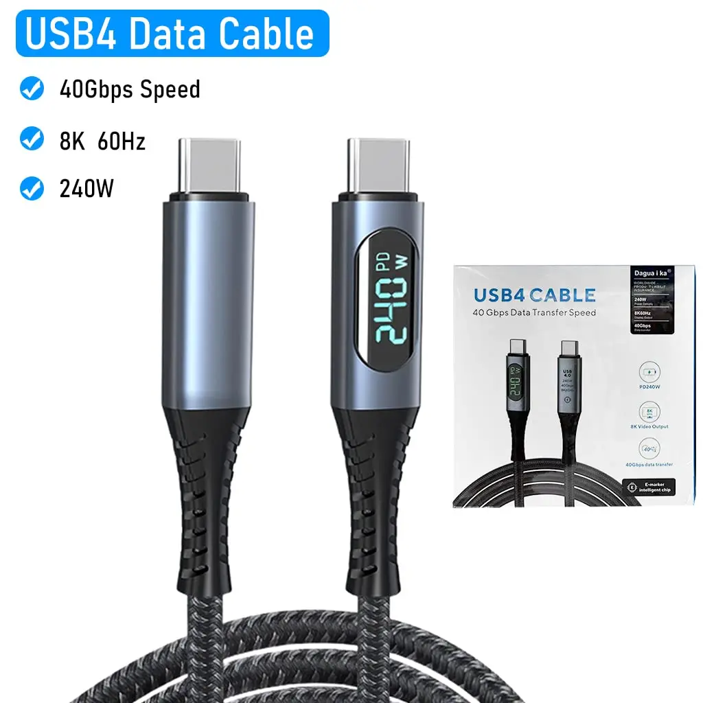 USB C Cable Thunderbolt 4 C Type Cable with LED Display PD Max 240W Fast Charging Max 40Gbps Nylon Braided Laptop Data Cord