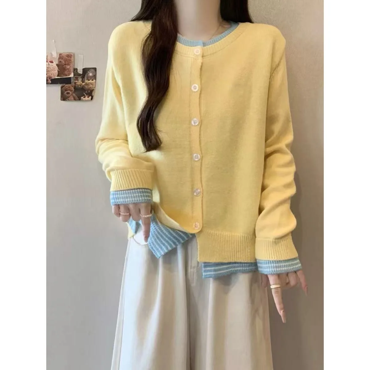 Sweet Simple round Ne Splice Knitted Open Cardigan Women's Design Slimming Versatile Top Early Autumn 2025 Commute Sle Lo...