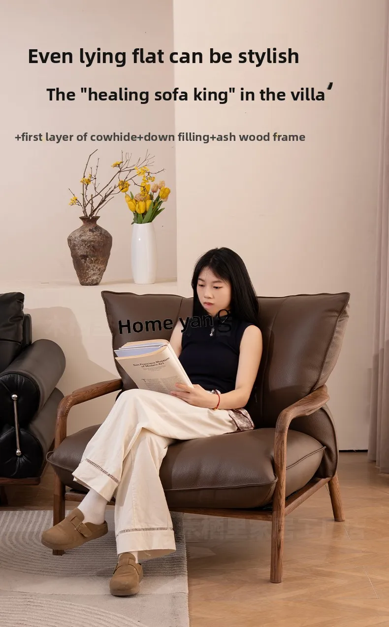 LH large flat leather sofa living room leisure chair household first layer cowhide sofa chair