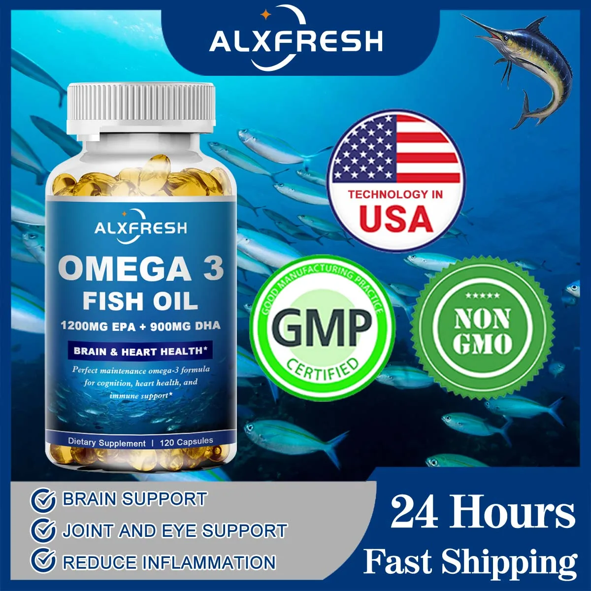Alxfresh Wild Caught Aceite de pescado Omega 3 - 120/60 geles blandos - 3600 mg de alto EPA 1300 mg DHA 900 mg Suplemento de dietería sin gluten sin GMO