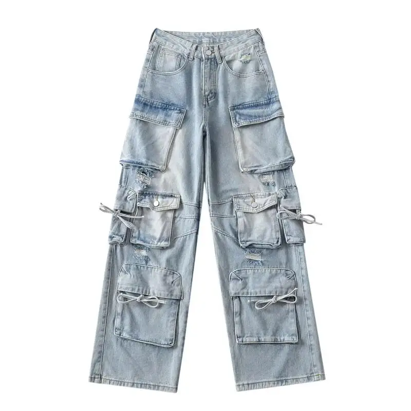 

Worn-In Look Distred Straight Leg Jeans Loose Fit Multi-ket Splicing ex Long Trousers Women's Sle l Waist
