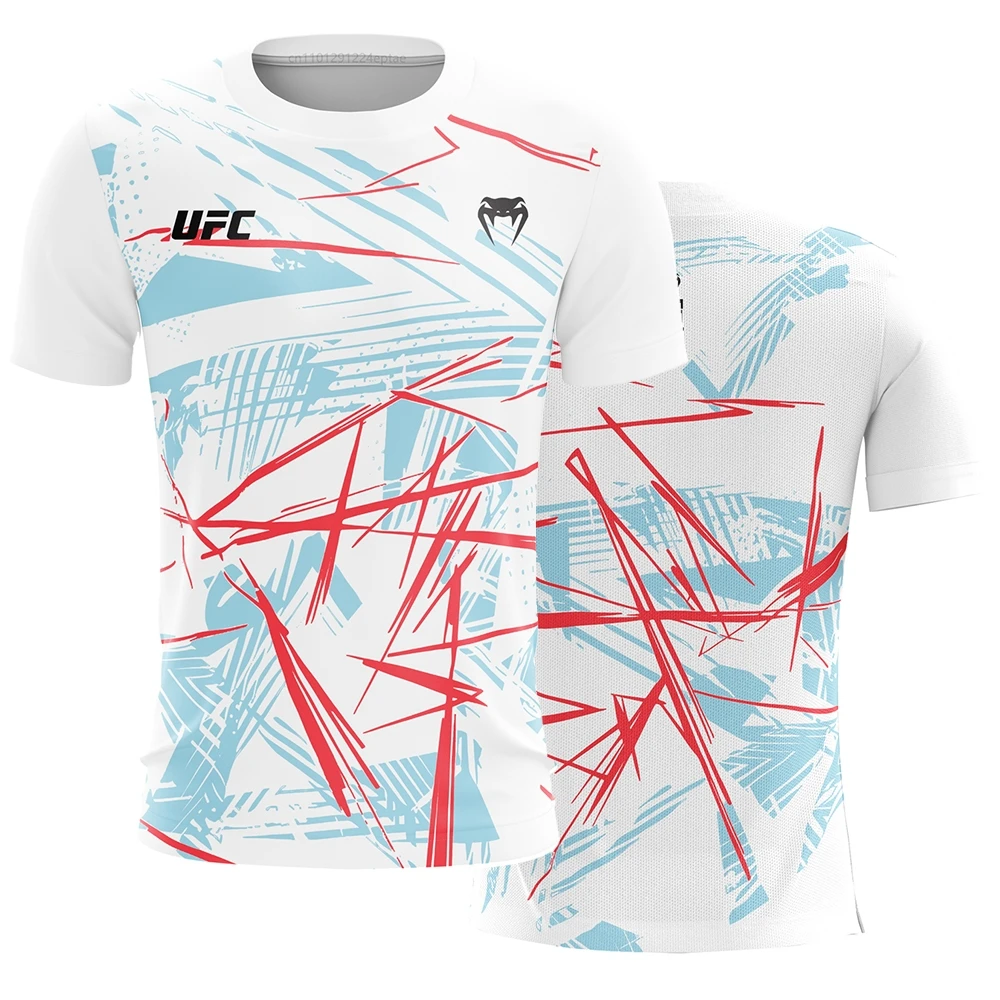 UFC Miami Edition Men’s T-Shirt White Abstract Red & Cyan Graffiti Print Short Sleeve Tee Breathable Quick Dry Fight Week