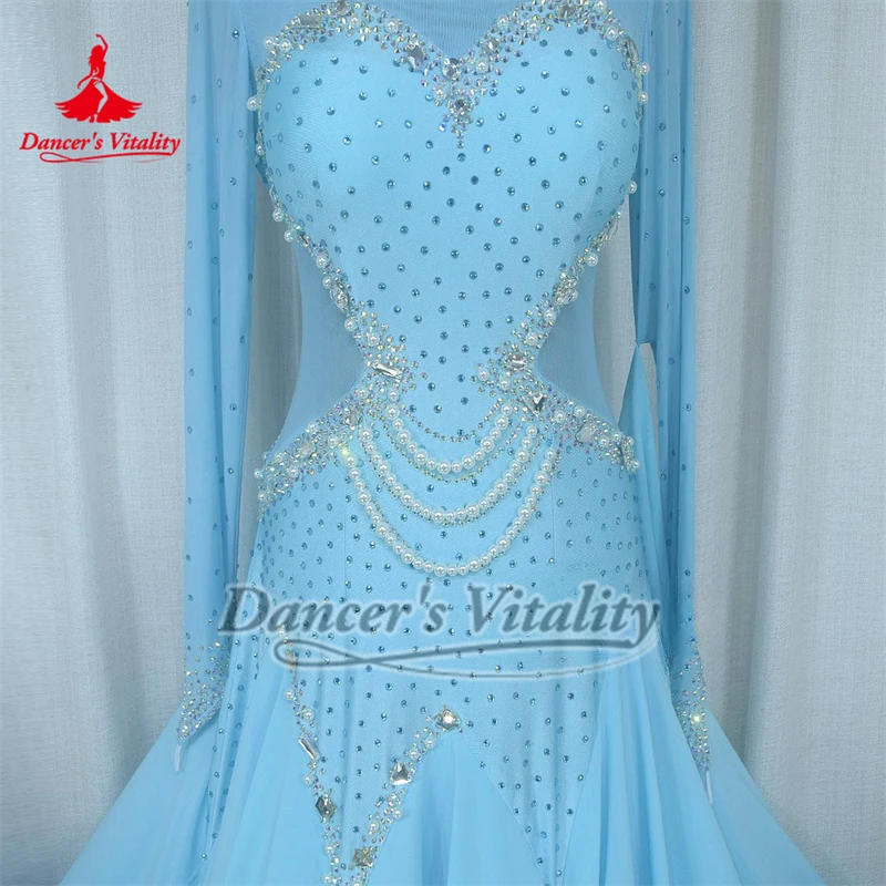 Adulto luz azul ab pedras pérola decoração mangas compridas dança de salão vestidos de competição profissional high-end personalizar
