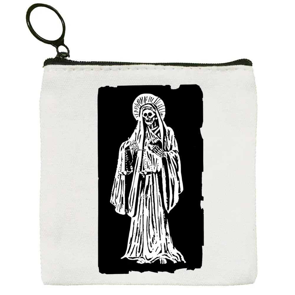 Santa Muerte Lady of Holy Death Cute Solid Color Canvas Coin Purse Small Fresh New Zipper Key Bag Hand Gift Bag