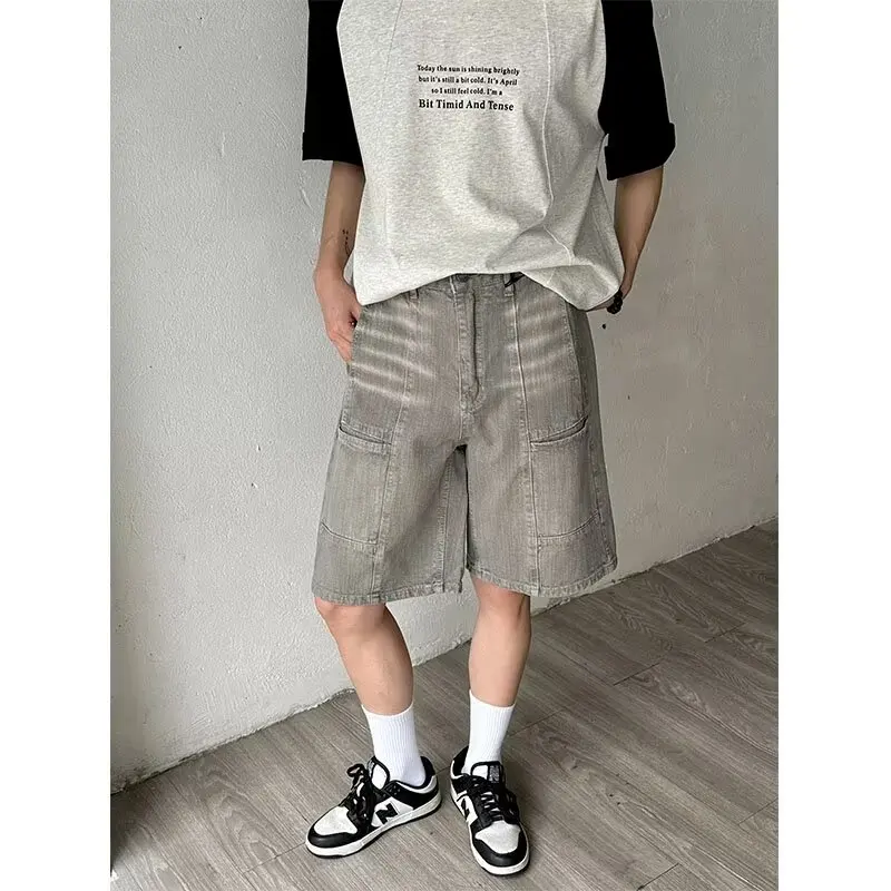 American Mens Summer Denim Shorts Trendy Retro Multiple Pockets Punk Mid Pants Tooling Loose Cowboy Five Quarter Pants Male