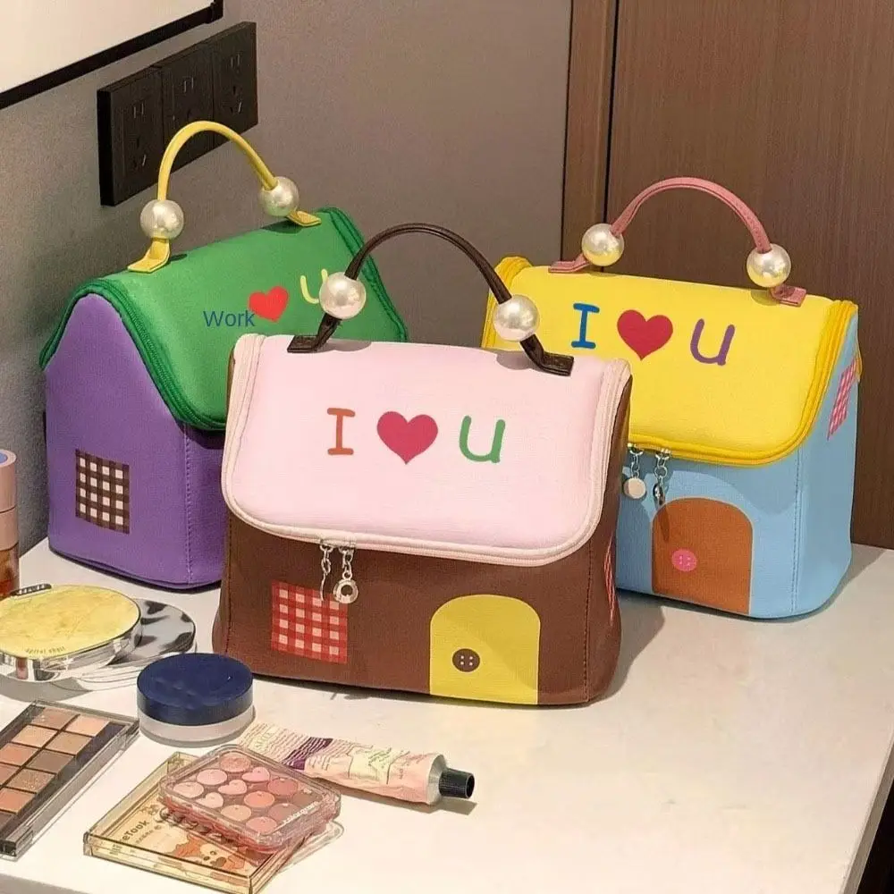 

Square Small House Cosmetic Case House-shaped Waterproof Hand-held Makeup Bag Zipper Large Capacity Portable Storage Bag Student