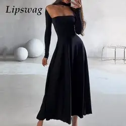 Elegant Autumn Long Sleeve Halter Party Dress Women Chic Solid Color Draped A-line Dress 2024 Temperament Hollow Out Long Dress