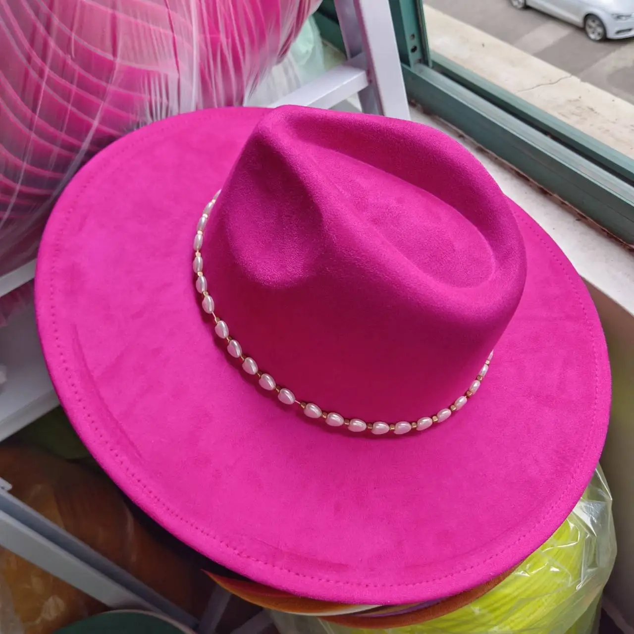 vegan suede wide brim fedora leather Derby hat fedora for women heart pearl chain  jazz hat  movie  pink church hat  custom hat