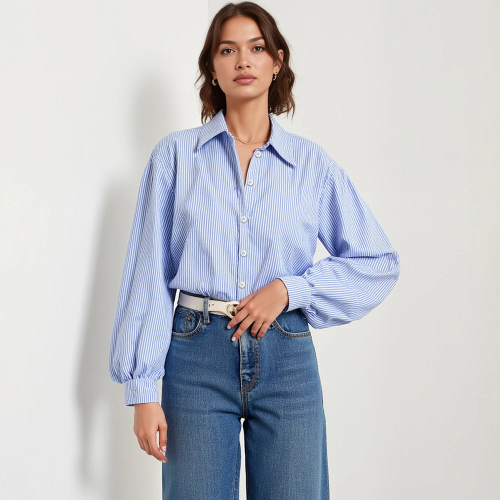 

Mia Muse Boutique Women's Shirts Autumn Casual Stripes Single Breasted Button Front Lantern Sleeve Shirt Collar Daily Shirts
