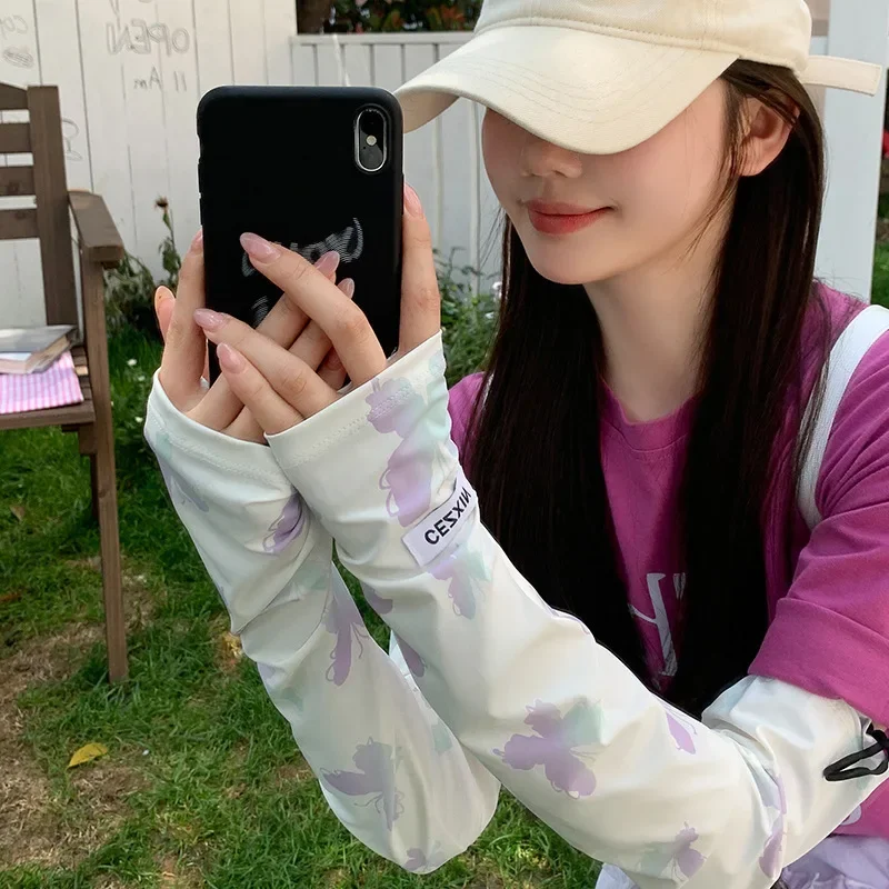Women UV Protection Arm Sleeves Gradient Butterfly Ice Silk Sunscreen Sleeve Outdoor Riding Driving Sun Protection Arm Sleeves