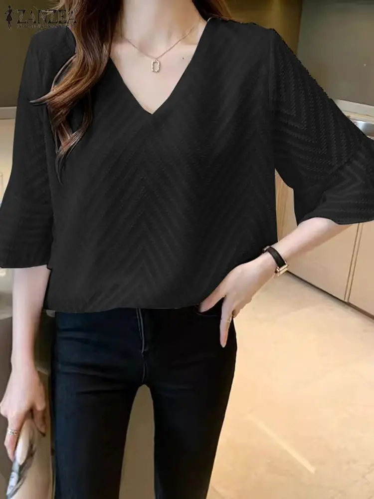 Women Elegant Crochet Blouse Vintage Flare Half Sleeve Shirt ZANZEA Fashion Solid V Neck Tops 2024 Summer Office Tunic Oversized