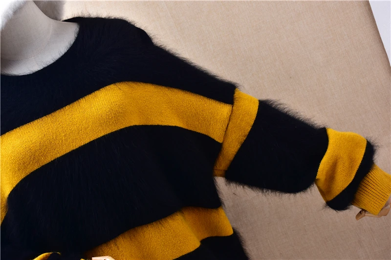 Damen Frauen Herbst Winter Mode Gestreiften Haarigen Nerz Kaschmir Gestrickte Oansatz Langen Ärmeln Lose Pullover Pullover Jumper Pull