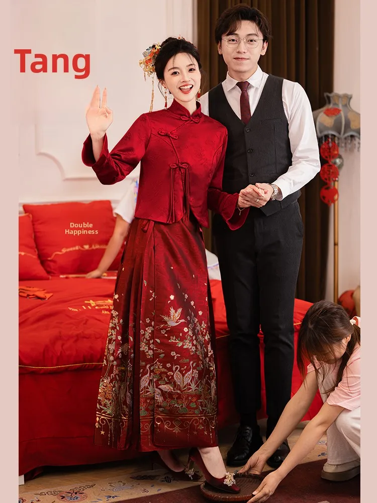 

New Chinese Sle Wedding Dr Set High Waist Materni Dr Cover Belly Engagement Dinner Par Suit Handmade Embroidery