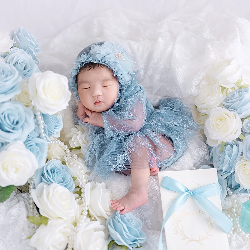

Baby Photography Clothes Elegant Princess Style Lace Hat+Posing Pillow+Lace Dress Sets Pearl Prop Newborn Photoshoot Accessories