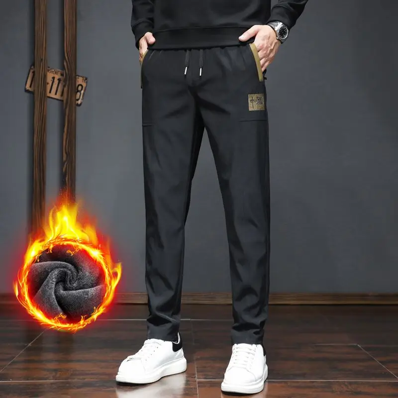 

Chinese Style Winter Men's Casual Pants Elastic Waist Warm Embroidery Thick Trousers Jogger Outdoors Thermal Warm Sports Pants