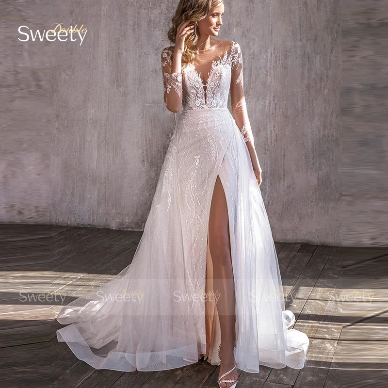 

Elegant Wedding Dress Organza With Embroidery Lace Slit A Line Ball Gown Full Sleeve O-Neck Bridal Gowns Button Vestido De Novia
