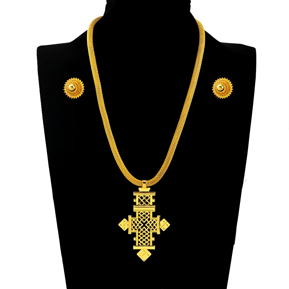 Big Cross Pendant and 2cm Earrings Women Choker Ethiopian Jewelry Sets Eritrean African Habesha