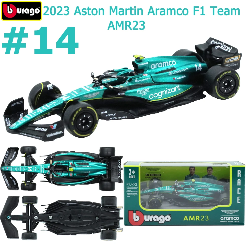 Bburago 1:43 2023 F1 Aston Martin Aramco F1 Team AMR23 # 14 Fernando # 18-Lanz-Rennmodell, Legierungsdruckguss-Modell, Spielzeug für Erwachsene