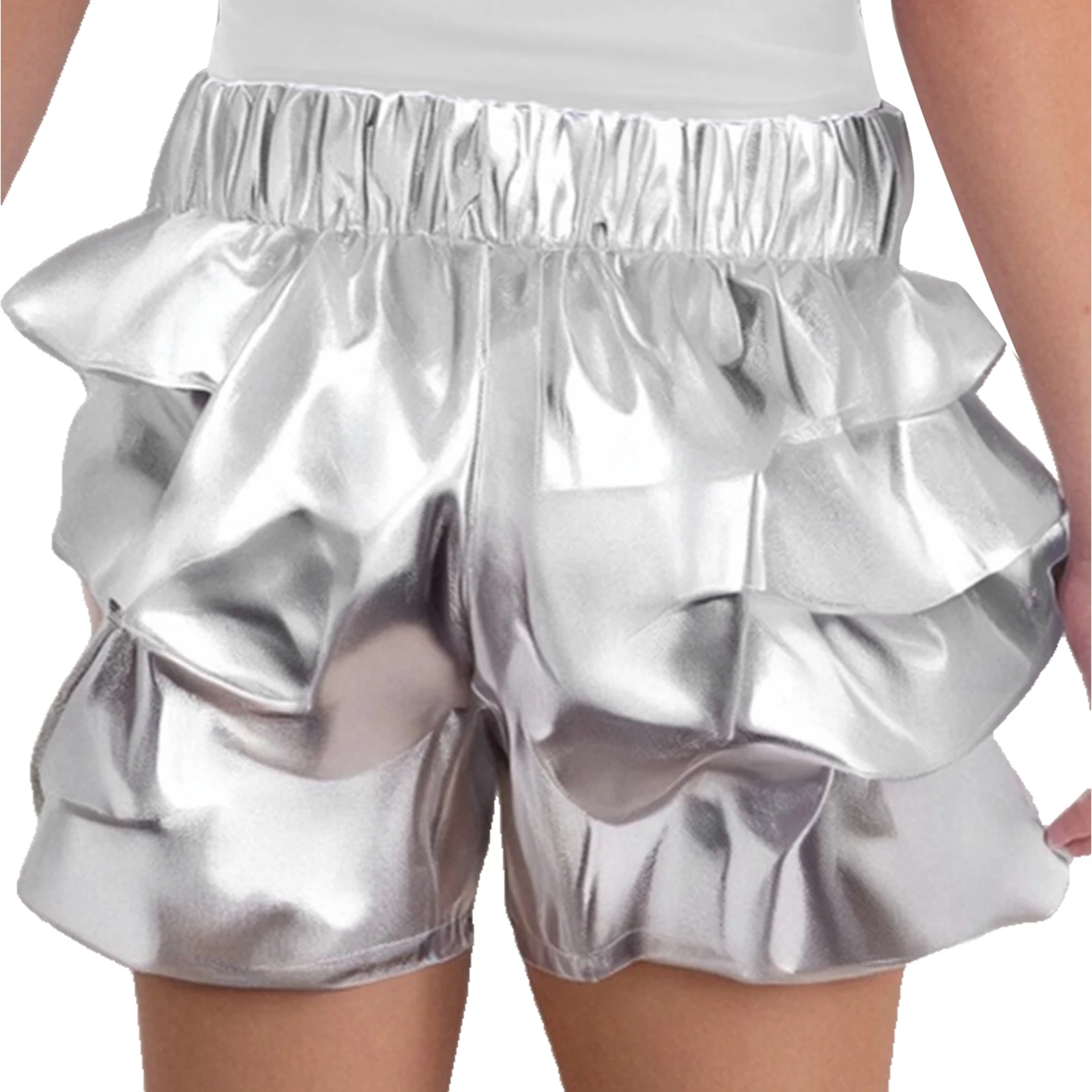 Kids Girls Hip-Hop Jazz Dance Shorts Elastic Waistband Metallic Tiered Ruffle Athletic Scooter Short Pants Street Dancewear