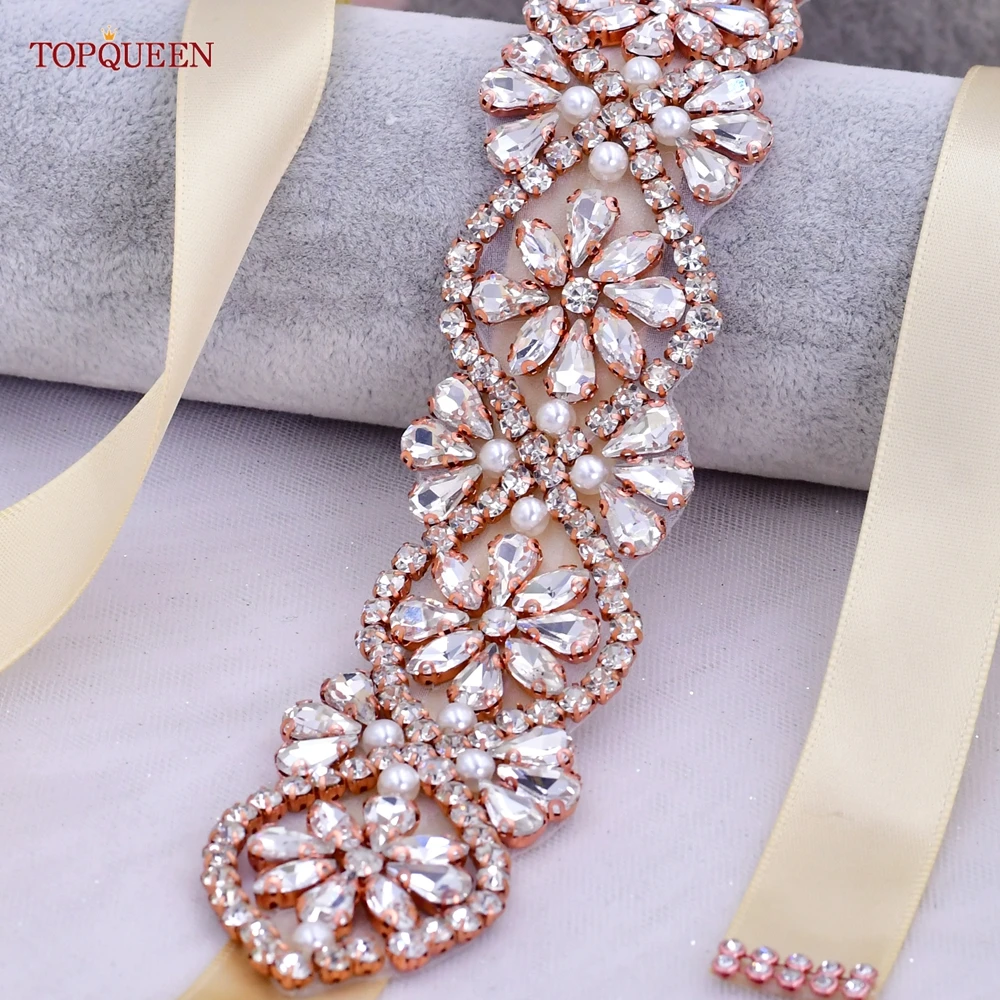 TOPQUEEN S453-RG Bridal Wedding Dress Belt Rose Gold Rhinestone Luxury Gown Sash Bridesmaid Accessories Women Female Handmade