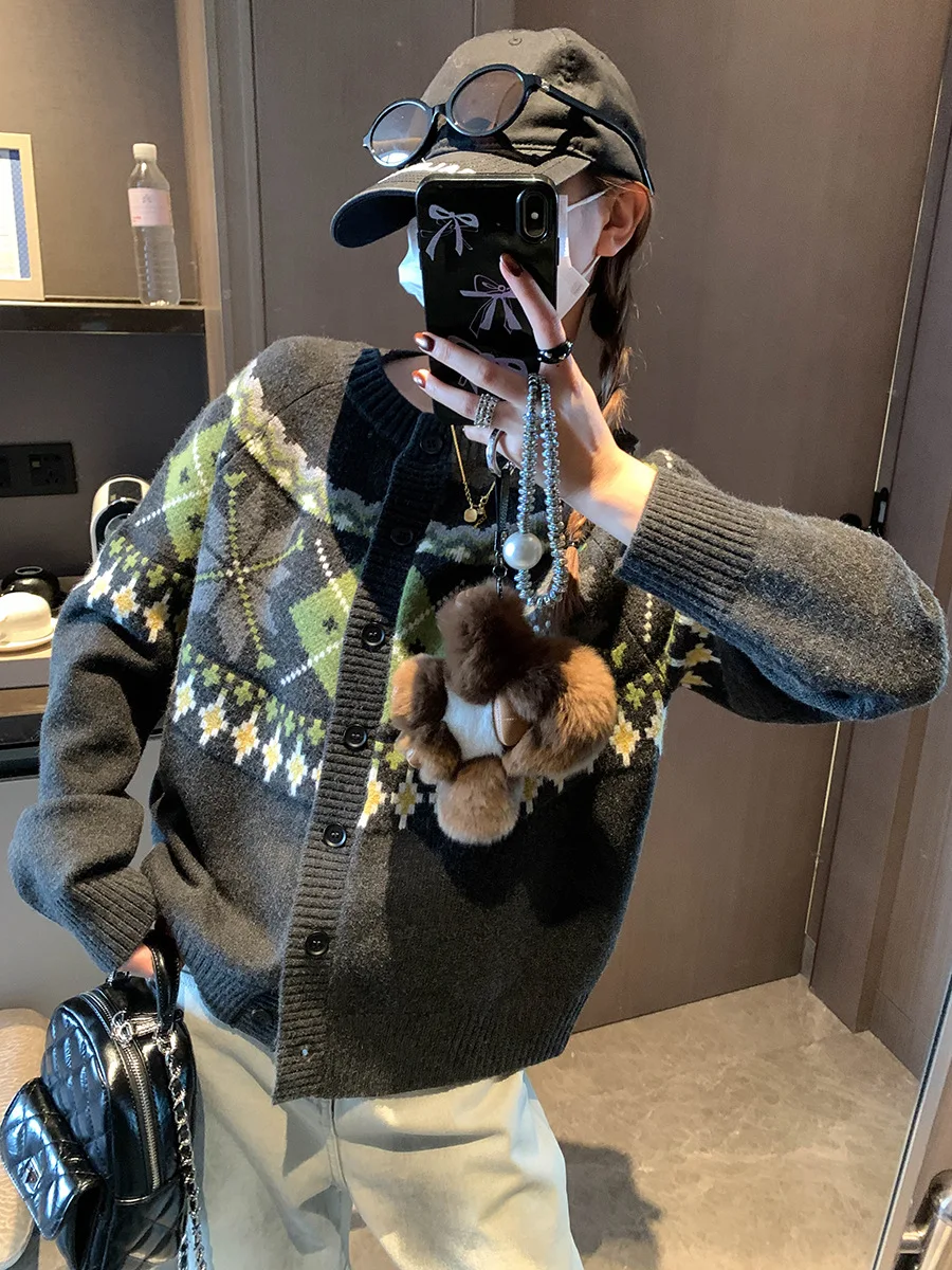 

French retro island jacquard round neck versatile slimming knitted cardigan