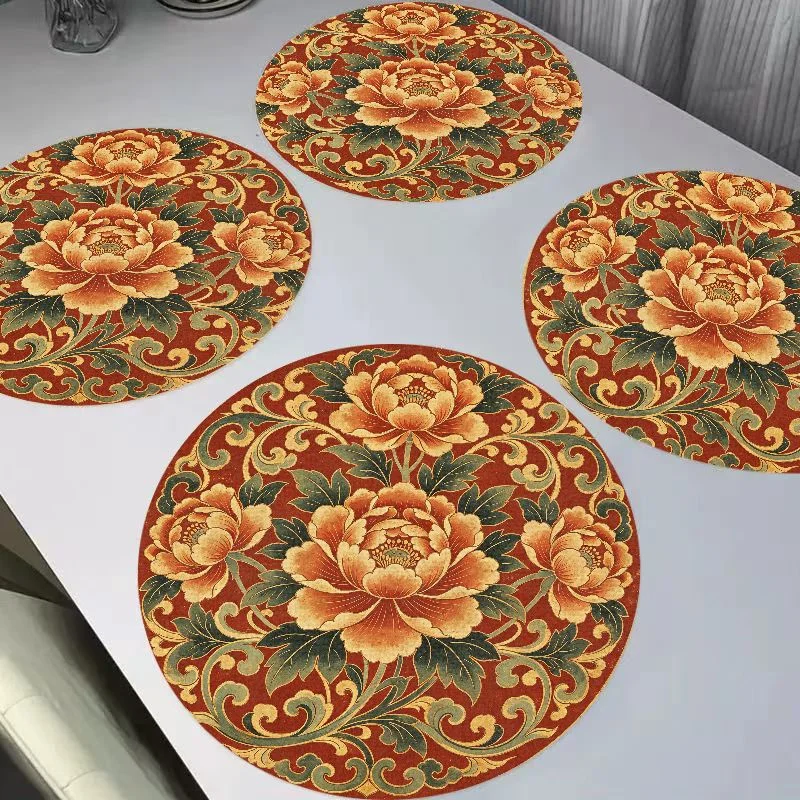 VIKAMA New Chinese Blue White Porcelain Peony Round Linen Placemats, Heat Resistant for Dining Table Decor