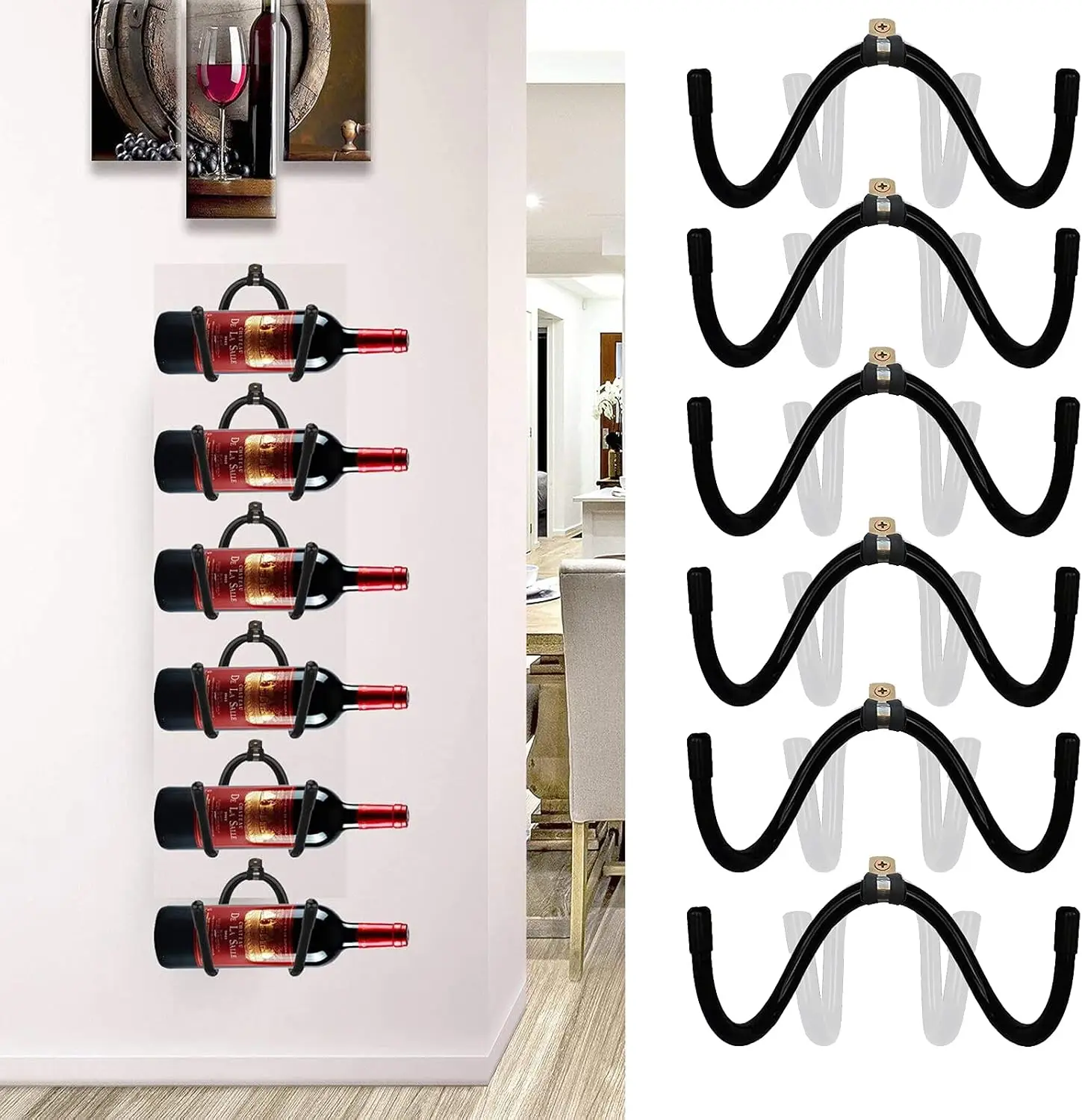 

6-Pack Wall Mounted Wine Rack, Horizontal Style for Bottle Storage and Decor, Black