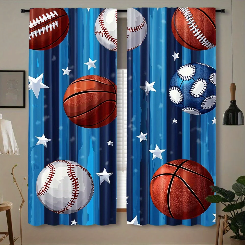 Multi Sport Ball Window Curtain 2 Panels, Mixed Athletic Balls White Star Gradient Blue Stripe Pattern,Drapes for Living Curtain