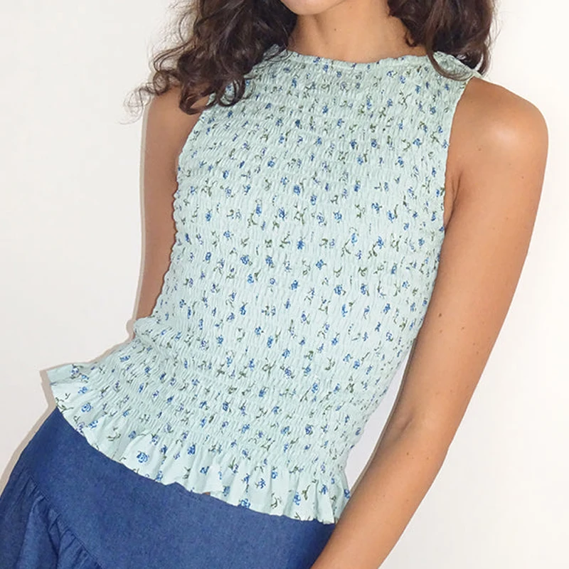 

Graphic Pleated Shirt Vest Vintage Shirred Tank Top Women Summer Smocked Crop Tops Sleeveless Ruffle Hem Y2k Going Out Vacation