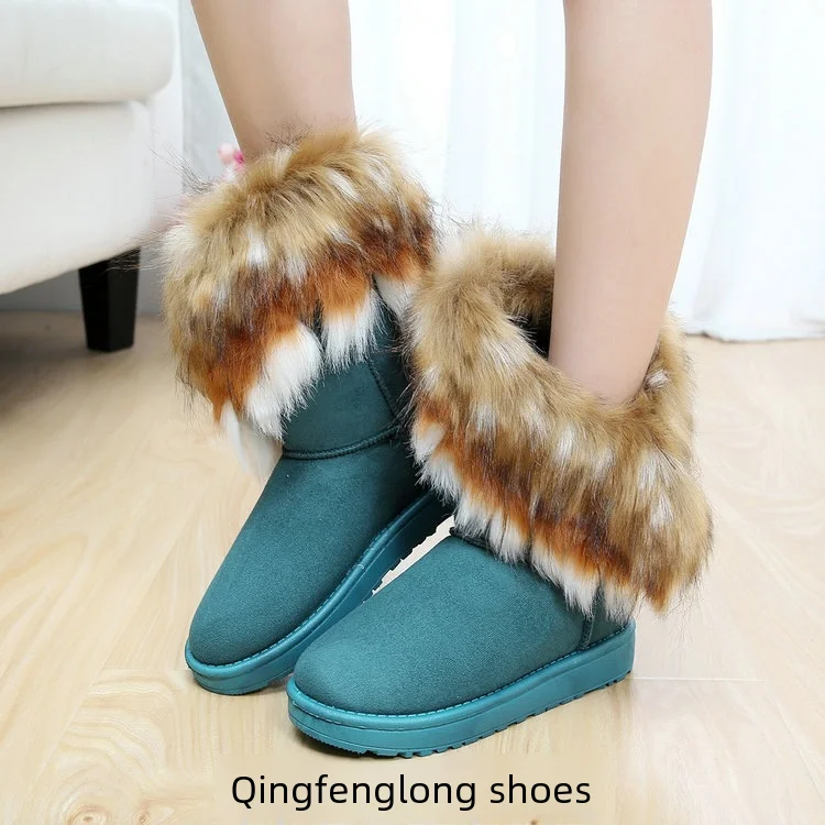 Women's New Style Snow Boots Fox Fur Lined Mid-calf Ladies Boots Rubber Outsole