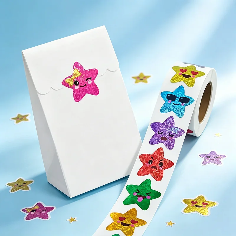 100-500PCS New Star Stickers Cartoon Stickers Small Packaging Roll Pack Rolling Stickers Thank You Lables