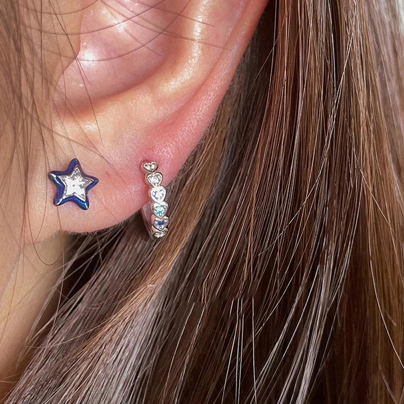 1 Pair Trend Blue Crystal Star Pentagram Mini Stud Earrings for Women Cool Sweet Aesthetic Earrings Fashion Y2k Jewelry