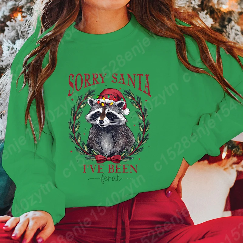 Christmas Light Racoon Sorry Santa I\'ve Been Feral Sweatshirts Women Creative Autumn Winter O Neck Hoodless Pullover Casual Tops