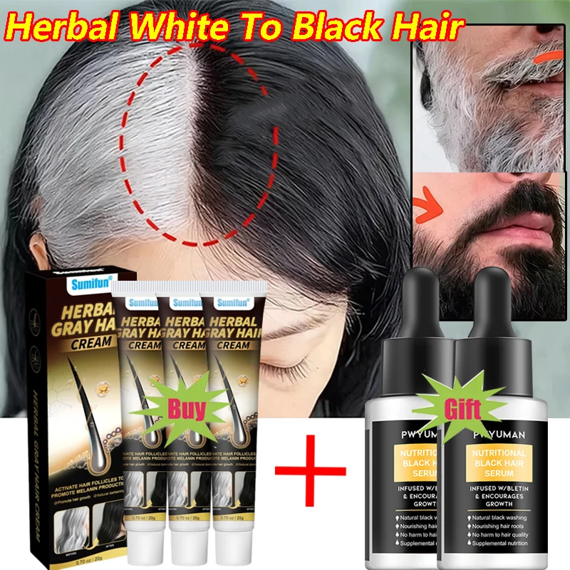

Herbal Anti-grey Hair Treatment Serum Cream White To Black Permanent Repair Natural Color Nourish Scalp Hair Care Products