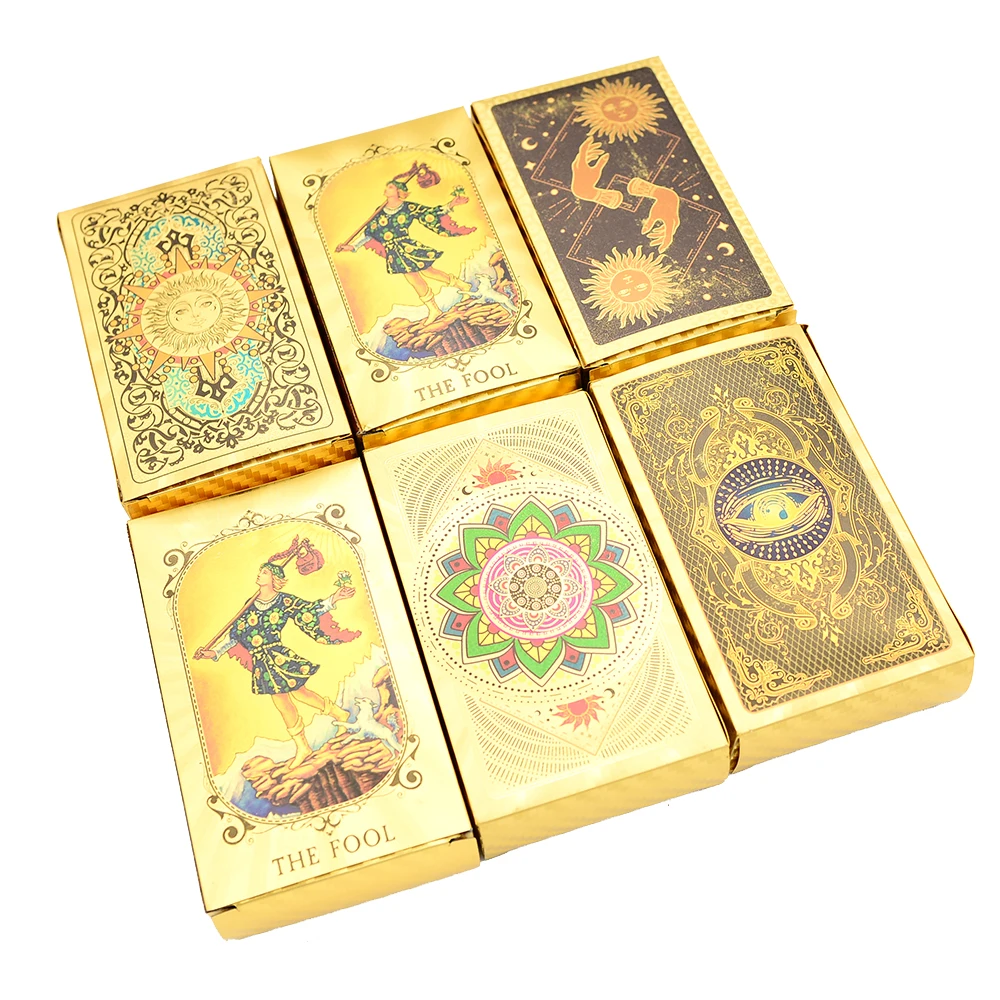 

12 * 7cm New Golden Luxury Gold Foil Tarot Gilding PVC Waterproof Wear-resistant Chess Game Card Paper Divination Manual