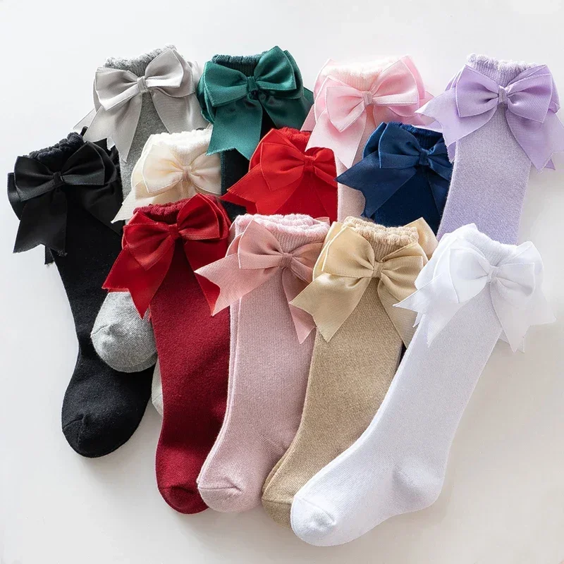 Infant Baby Girl Below Knee Socks, Solid Color Bow Decor Stockings Breathable Clothing Accessory Christmas Gift