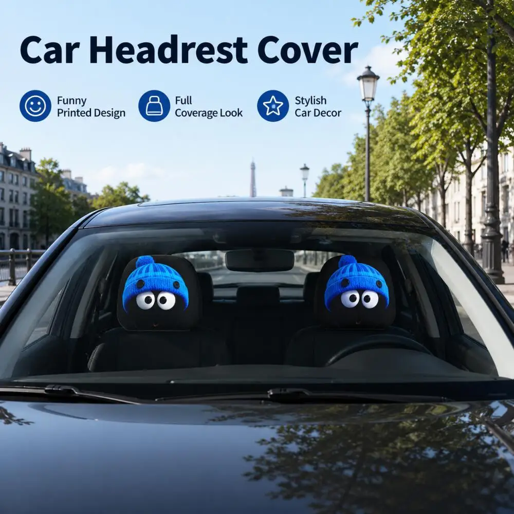 2 Stück Blaue Beanie-Auto-Kopfstützenbezüge mit 2D-Flachdruck „Überraschte Große Augen“ Schwarz Kawaii Universelle Auto-Kopfstützenschoner