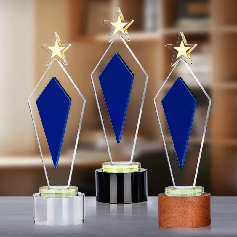 Customized Pentagram Transparent Blue Crystal Trophy, Excellent Company Annual Meeting, Awards Souvenirs, Crystal/Wood Base, 1Pc
