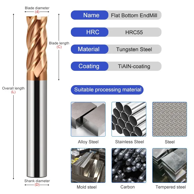 AZZKOR HRC55 4-Flute 10 Piece-set Tungsten Steel Carbide Alloy Coating Flat Milling Cutter CNC Mechanical Machining Endmill Tool