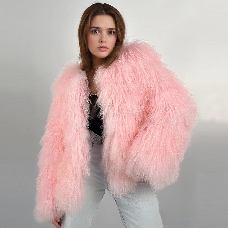 เสื้อโค้ทหนังแกะธรรมชาติคอปกกลม เสื้อโค้ทขนแกะหยิก เสื้อแจ็คเก็ตหนังแท้ผู้หญิง แฟชั่นเสื้อแจ็คเก็ตขนแท้แบบสั้น