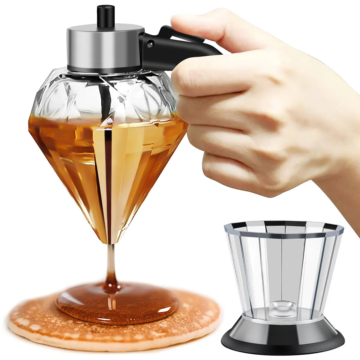 Diamond Form Glass Honey Dispenser with Stand 200ml Large Capacity Oil Dispenser Multifunctional Oil Bottle Vinegar and Sauce