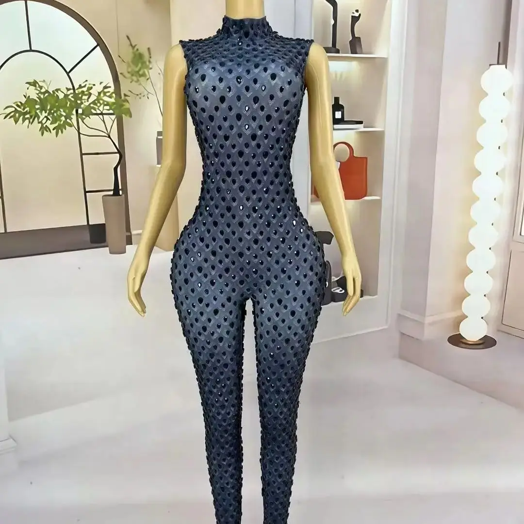 Heilongjiang Shining Black Rhinestones Bodysuit Daily Party Celebrate Show Fashion Outit Singer Dancer Performance Costume