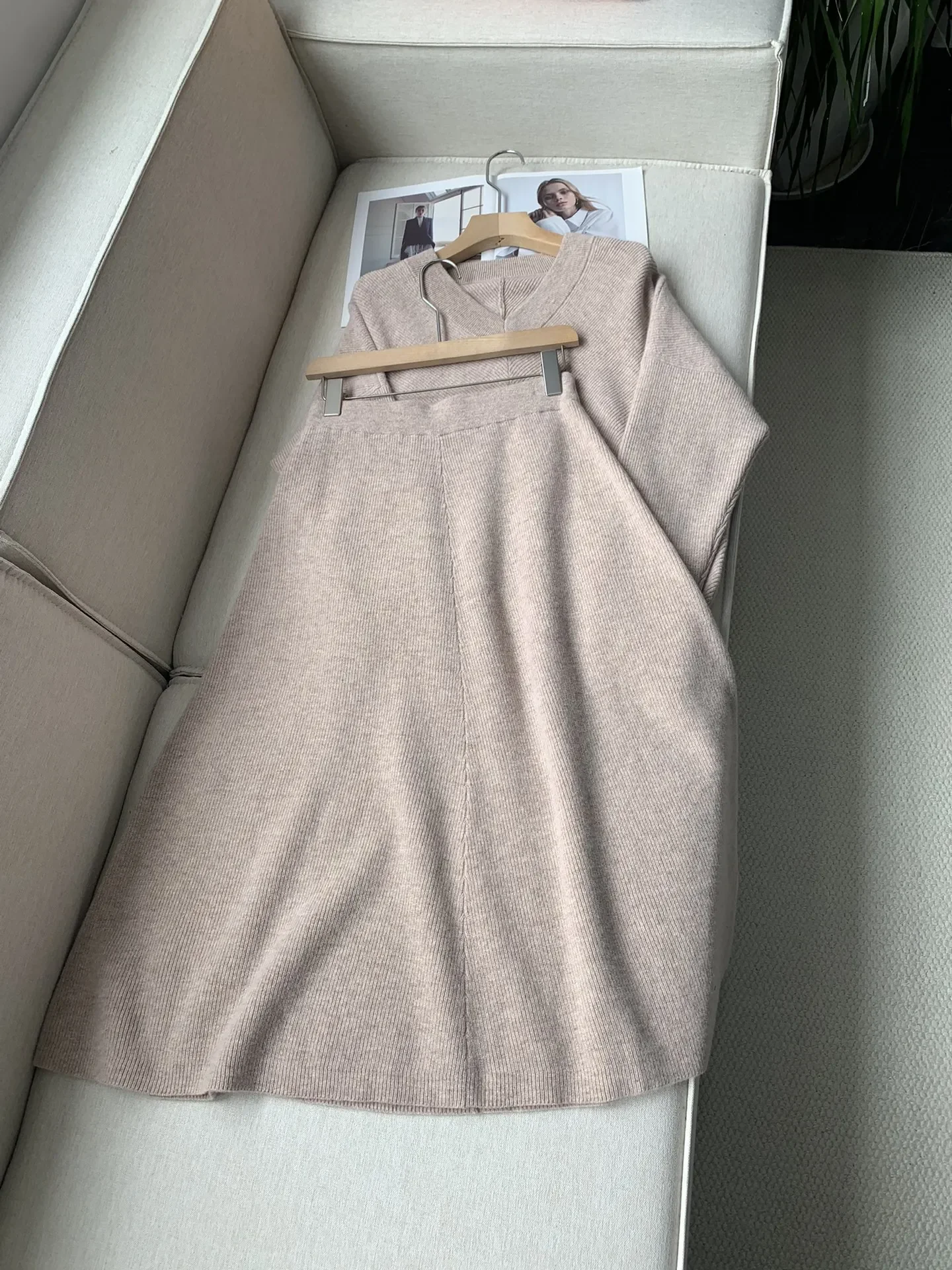 Autumn Winter Women's Cashmere Knitted Suit V-Neck Long Sleeve Sweater or Elastic Waist A-Line Midi Skirt