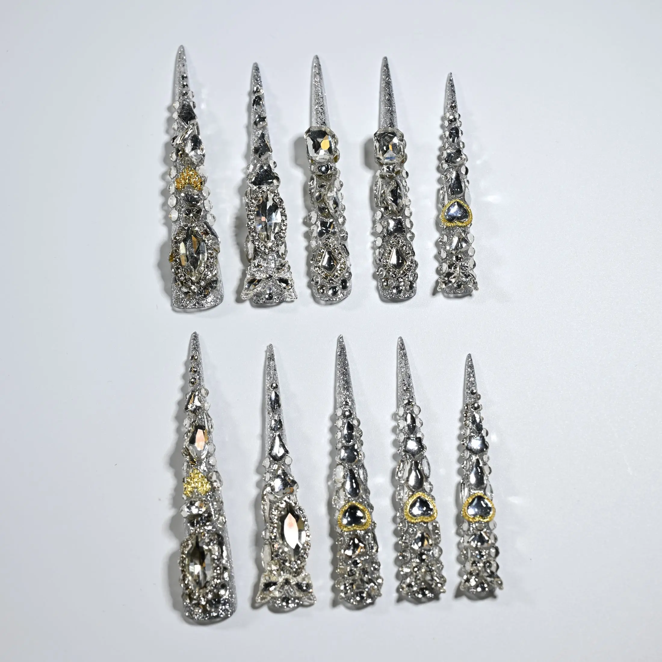 

Handmade Luxury Extra Long Stiletto Press On Nails, Artisan Design with Dense Rhinestone Details + Multi-Shaped Gem & Gold Accen