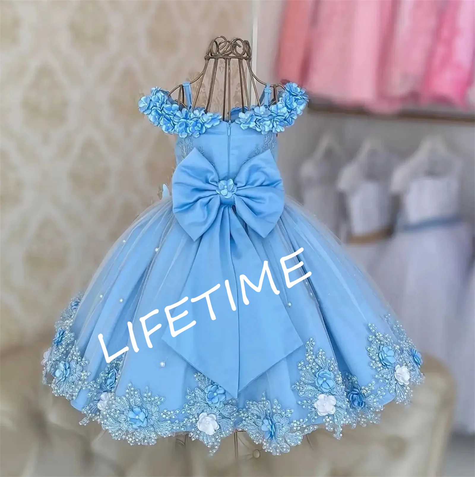 Satin Luxury Flower Girl Dress For Wedding Sleeveless Applique With Pearls Bow Kids Birthday Party Tulle Pageant Ball Gown New